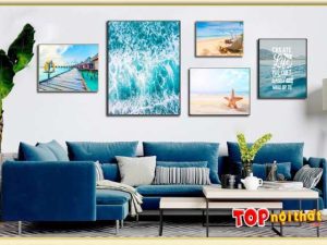 Tranh canvas 5 tấm cảnh biển treo trên sofa góc L TraTop-3503