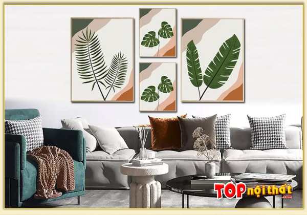 Tranh Canvas hình lá cây nhiệt đới treo trên sofa TraTop-3507