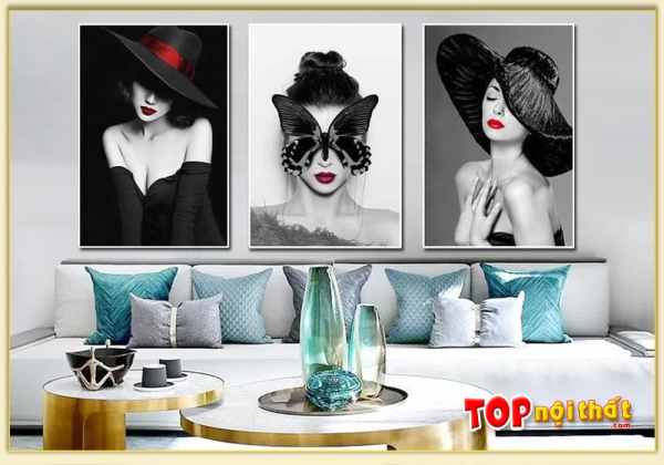 Tranh canvas hình cô gái 3 tấm đen trắng treo phòng khách TraTop-3553