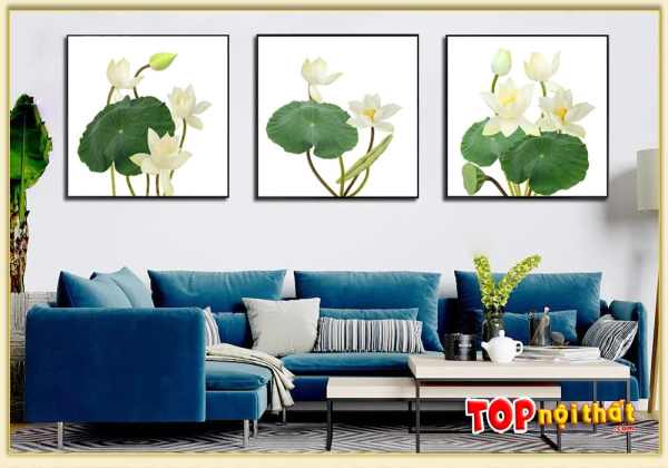 Tranh Canvas hoa sen trắng treo tường trên sofa da L TraTop-3593
