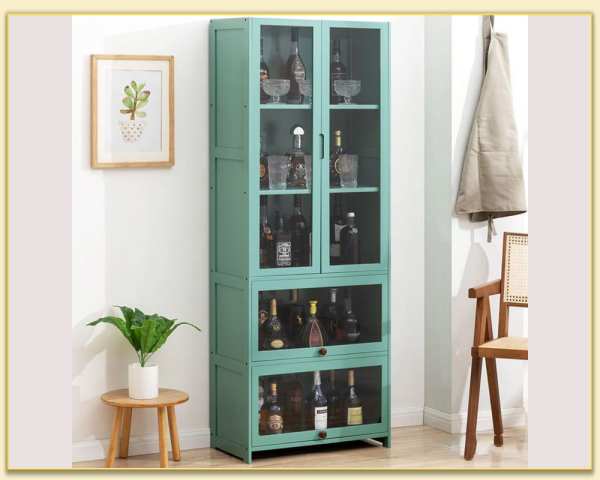 Hình ảnh Mẫu tủ rượu cánh kính dáng cao màu xanh đẹp TRTop-0046